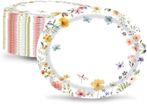 Platos Desechables Ovalados Aysimple de 50 Piezas - 10 x 12 Grandes con Flores para Fiestas de Primavera, Baby Shower y Cumpleaños - imagen 2