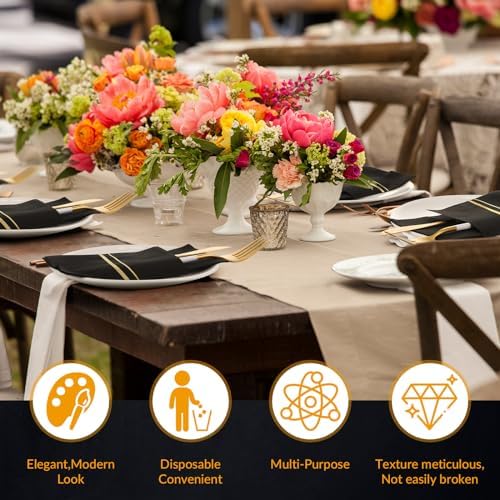 Paquete de 100 Servilletas Desechables de Tela para Cena con Bolsillo para Cubiertos y Bordes Dorados, Servilletas de Papel Preplegadas para Bodas y - imagen 3