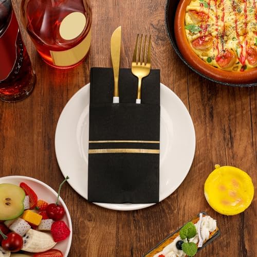 Paquete de 100 Servilletas Desechables de Tela para Cena con Bolsillo para Cubiertos y Bordes Dorados, Servilletas de Papel Preplegadas para Bodas y - imagen 6