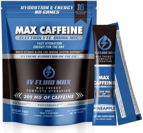 IV FLUID MAX Polvo de Electrolitos – 300 mg de Cafeína, Vitaminas B, Bebida Energética Sin Azúcar, Hidratación, Pre-Entreno, Recuperación, 16 Sobres - imagen 1