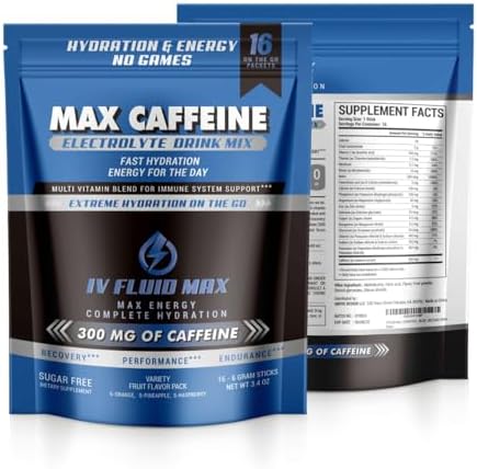 IV FLUID MAX Polvo de Electrolitos – 300 mg de Cafeína, Vitaminas B, Bebida Energética Sin Azúcar, Hidratación, Pre-Entreno, Recuperación, 16 Sobres - imagen 3