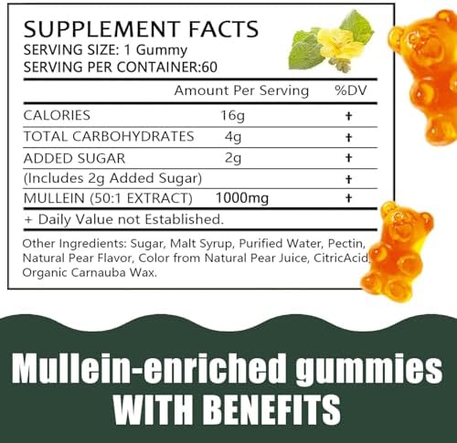Gomitas Hanachi de Mullein, Salud Respiratoria Diaria, Extracto de Hoja de Mullein 1000mg, Sabor Pera, Salud Pulmonar y Alivio de Senos (Suministro - imagen 2