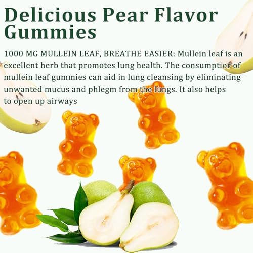 Gomitas Hanachi de Mullein, Salud Respiratoria Diaria, Extracto de Hoja de Mullein 1000mg, Sabor Pera, Salud Pulmonar y Alivio de Senos (Suministro - imagen 6