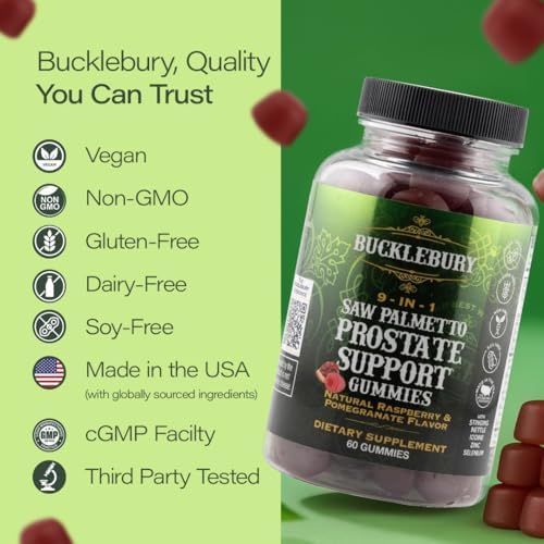 Gomitas BUCKLEBURY 9 en 1 de Saw Palmetto Natural con Sabor a Frambuesa y Granada - Suplementos Veganos para la Salud Prostática y el Crecimiento del - imagen 6