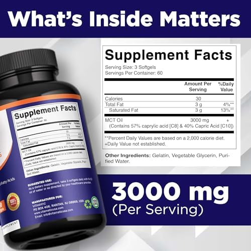 Cápsulas de Aceite MCT Vitamatic 3000 mg - 180 Softgels de Aceite de Coco - 55% Ácido Caprílico C8 y 40% Ácido Caprico C10 (Total 360 Softgels) - imagen 2