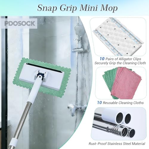 Mopa Mini PDOSOCK Snap Grip, Mopa Plana Manos Libres, 10 Paños Reutilizables, Acero Inoxidable, Diseño de Reemplazo con Un Clic, para Pisos - imagen 5