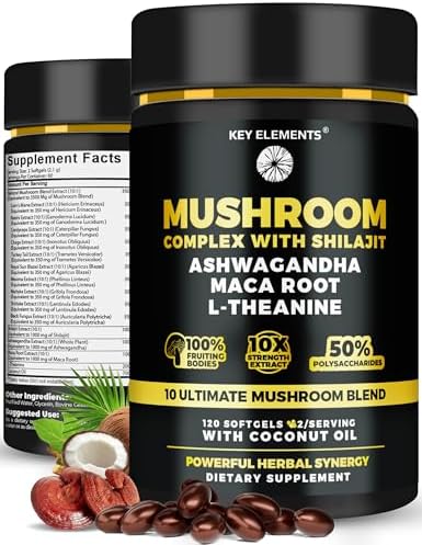 Complejo Orgánico de Hongos con Shilajit y Aceite de Coco - Suplemento de Hongo Melena de León con Ashwagandha y L-Theanina - Cápsulas para Memoria, - imagen 1