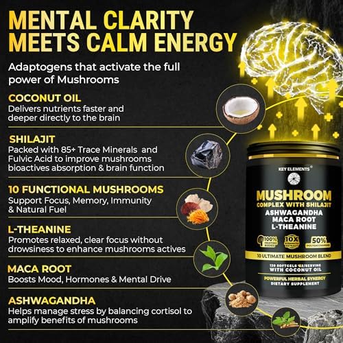 Complejo Orgánico de Hongos con Shilajit y Aceite de Coco - Suplemento de Hongo Melena de León con Ashwagandha y L-Theanina - Cápsulas para Memoria, - imagen 3