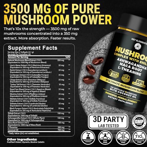 Complejo Orgánico de Hongos con Shilajit y Aceite de Coco - Suplemento de Hongo Melena de León con Ashwagandha y L-Theanina - Cápsulas para Memoria, - imagen 7