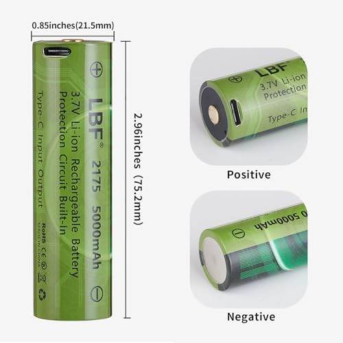 Batería Recargable LBF 3.7V 5000mAh (21 * 75, no 18 * 65) con Entrada/Salida Tipo-C y Circuito de Protección - Paquete de 2 para Linternas y Frontales - imagen 5