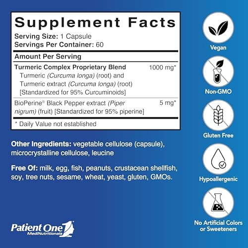 Suplemento Patient One de Cúrcuma Curcumina 1000 mg | Apoya la Respuesta Inflamatoria Saludable | Extracto de Pimienta Negra | 60 Cápsulas - imagen 2