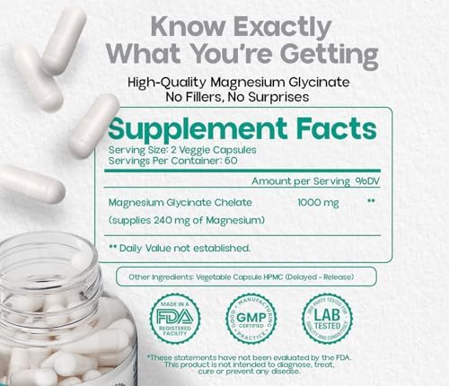 Cápsulas de Glicinato de Magnesio 1000mg – Magnesio Quelado de Alta Absorción para Relajación, Alivio del Estrés y Confort Muscular – Vegano, No - imagen 2