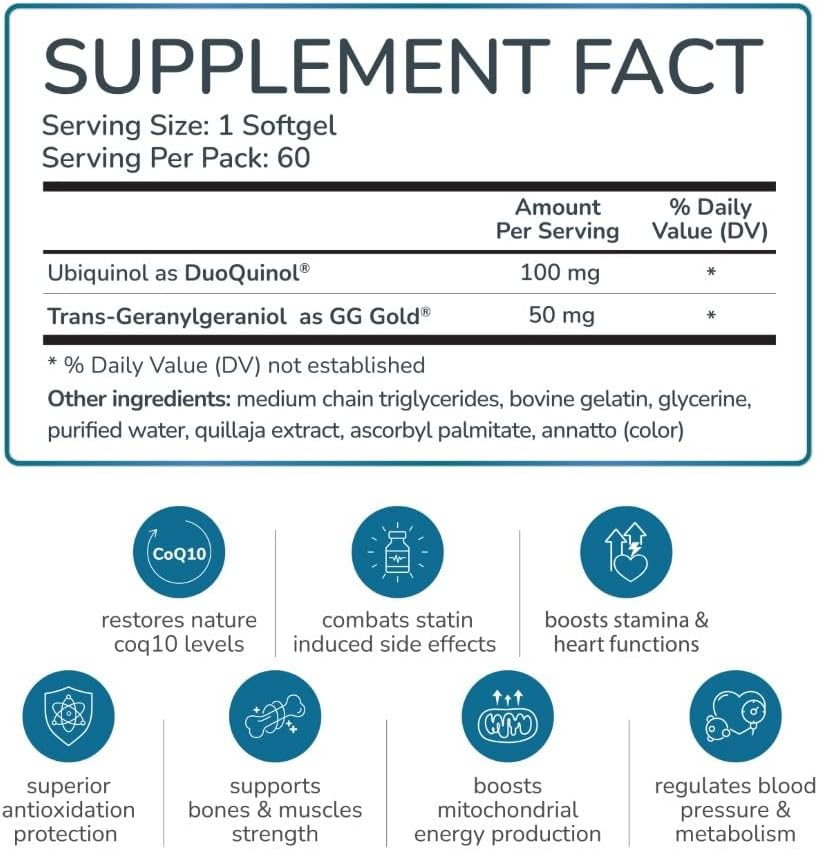 WELLNESS EXTRACT Coenzima Q10 (CoQ10) Ubiquinol 100mg con GG-Gold® Geranylgeraniol 50mg | Soporte Antioxidante Avanzado para la Salud del Corazón, - imagen 2