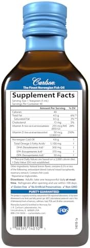 Carlson - Super D Omega-3, Aceite de Hígado de Bacalao Ártico Noruego, 2000 IU (50 mcg) de Vitamina D3, 1100 mg de Omega-3, Sostenible, Limón, 200 mL - imagen 2