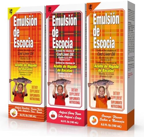 Emulsión de Aceite de Hígado de Bacalao Escocés para Niños – Sabor Cereza, Naranja y Plátano Fresa – Omega 3, Vitaminas A, D, E y B1 – Suplemento - imagen 1