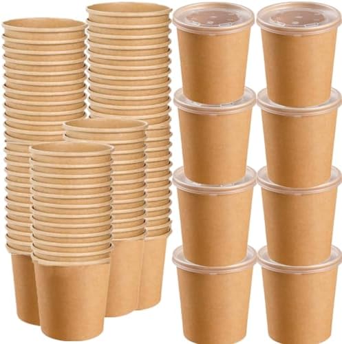 HningBuyox 80 Piezas de Envases de Papel con Tapa, Tazones de Sopa Caliente de 16 Oz, Vasos Desechables para Helado, Apto para Microondas, Color - imagen 1