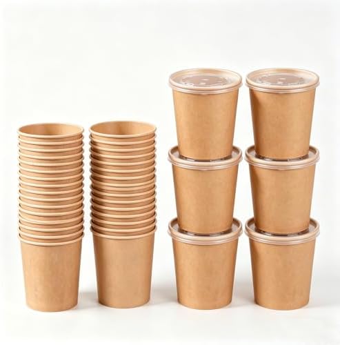 HningBuyox 80 Piezas de Envases de Papel con Tapa, Tazones de Sopa Caliente de 16 Oz, Vasos Desechables para Helado, Apto para Microondas, Color - imagen 8