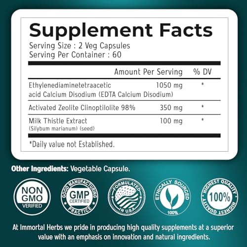 Cápsulas de EDTA 1500mg con Zeolita 98% y Cardo Mariano, 120 píldoras, Suplemento de EDTA de Calcio Disódico, Sin OGM y Sin Gluten - imagen 2