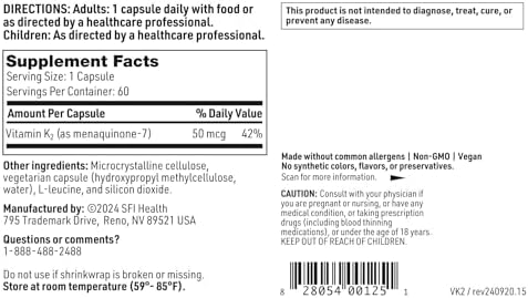 Klaire Labs SFI Health Vitamina K2-50 Microgramos como Menaquinona-7 MK-7, Sin Soja, Gluten o Lácteos (60 Cápsulas) - imagen 5