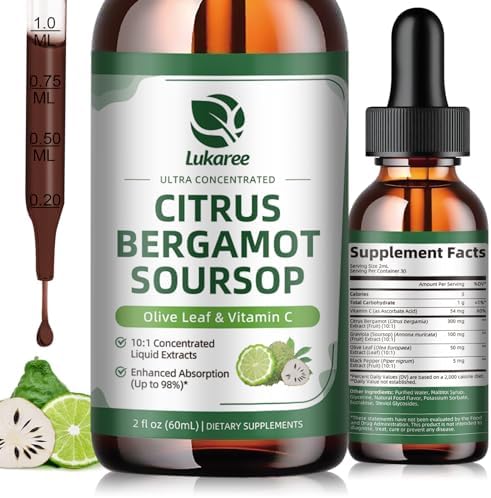 Gotas Líquidas de Cítricos Bergamota y Guanábana con Hoja de Olivo, Vitamina C y Pimienta Negra, Suplemento Herbal Vegano de 2 Fl Oz para Colesterol - imagen 1