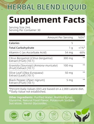 Gotas Líquidas de Cítricos Bergamota y Guanábana con Hoja de Olivo, Vitamina C y Pimienta Negra, Suplemento Herbal Vegano de 2 Fl Oz para Colesterol - imagen 2