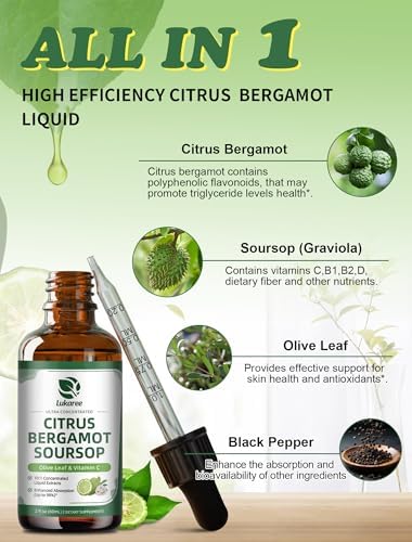 Gotas Líquidas de Cítricos Bergamota y Guanábana con Hoja de Olivo, Vitamina C y Pimienta Negra, Suplemento Herbal Vegano de 2 Fl Oz para Colesterol - imagen 3