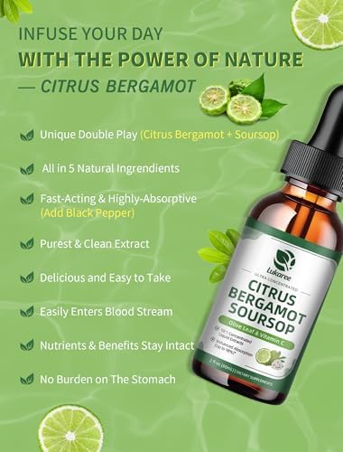 Gotas Líquidas de Cítricos Bergamota y Guanábana con Hoja de Olivo, Vitamina C y Pimienta Negra, Suplemento Herbal Vegano de 2 Fl Oz para Colesterol - imagen 5