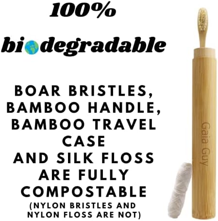 Cepillos de Dientes Gaia Guy de Bambú y Cerda de Jabalí (Paquete de 4) + Estuche de Viaje y Hilo Dental de Seda | Set Dental Ecológico y Compostable - imagen 2