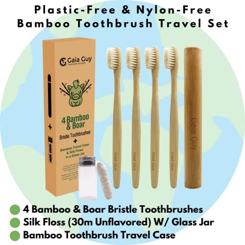Cepillos de Dientes Gaia Guy de Bambú y Cerda de Jabalí (Paquete de 4) + Estuche de Viaje y Hilo Dental de Seda | Set Dental Ecológico y Compostable - imagen 3