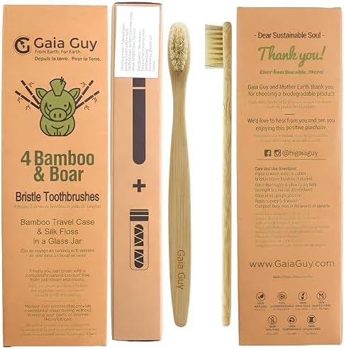 Cepillos de Dientes Gaia Guy de Bambú y Cerda de Jabalí (Paquete de 4) + Estuche de Viaje y Hilo Dental de Seda | Set Dental Ecológico y Compostable - imagen 5