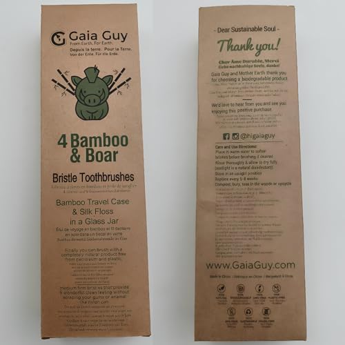 Cepillos de Dientes Gaia Guy de Bambú y Cerda de Jabalí (Paquete de 4) + Estuche de Viaje y Hilo Dental de Seda | Set Dental Ecológico y Compostable - imagen 6