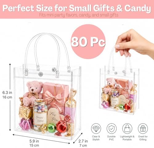 ZENFUN 80 Piezas de Bolsas de Regalo Transparentes de PVC con Asa, Bolsas Reutilizables para Fiestas, Ideal para Bodas, Baby Shower y Cumpleaños (16 - imagen 2