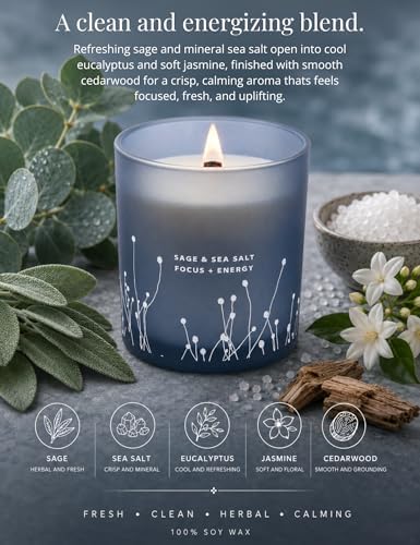 Vela Aromática de Sal Marina y Salvia Blanca con Pabilo de Madera, 10.6 oz | Vela para Limpiar el Hogar | Aromaterapia y Energía para Meditación - imagen 2