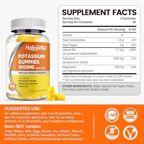 Gomitas de Potasio HOLLEGEND 1000mg, Mezcla de Máxima Absorción con Vitamina B6 y Magnesio, Suplemento Sin Azúcar para Adultos, 60 Unidades - imagen 2
