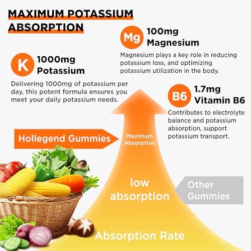 Gomitas de Potasio HOLLEGEND 1000mg, Mezcla de Máxima Absorción con Vitamina B6 y Magnesio, Suplemento Sin Azúcar para Adultos, 60 Unidades - imagen 3