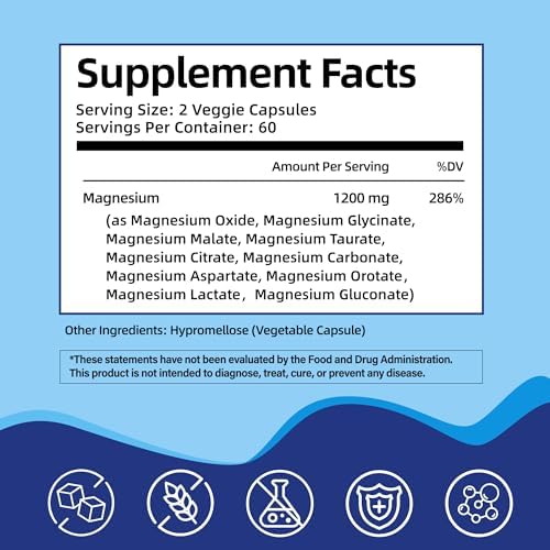 Suplemento de Complejo de Magnesio con 10 Formas de Magnesio Elemental, 1200 mg por Porción, Cápsulas Veganas de Alta Absorción, No OGM - imagen 2
