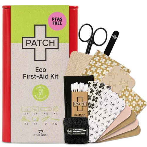 Kit de ros Auxilios Patch Eco, 77 Piezas de Curitas Hipoalergénicas en Tamaños Grande y Pequeño, Sin Látex, para Piel Sensible, en Lata Reutilizable - imagen 1