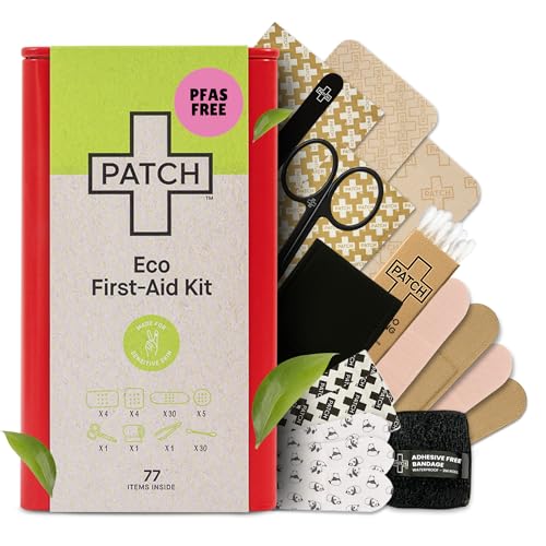 Kit de ros Auxilios Patch Eco, 77 Piezas de Curitas Hipoalergénicas en Tamaños Grande y Pequeño, Sin Látex, para Piel Sensible, en Lata Reutilizable - imagen 3