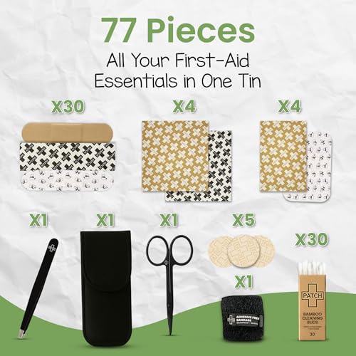Kit de ros Auxilios Patch Eco, 77 Piezas de Curitas Hipoalergénicas en Tamaños Grande y Pequeño, Sin Látex, para Piel Sensible, en Lata Reutilizable - imagen 7