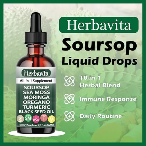 Gotas Líquidas Herbavita de Guanábana 10 en 1 con Musgo Marino, Moringa, Cúrcuma y Aceite de Semilla Negra – Vegano, No GMO, Apoyo Inmunológico y - imagen 2