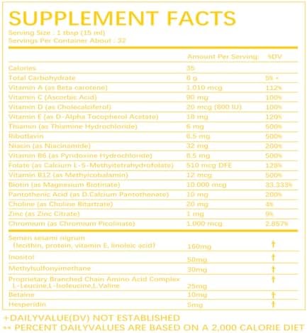 Multivitamínico Líquido Completo + Crecimiento Capilar, Promueve Metabolismo Energético y Función de Piel y Cabello | Vitamina C D | Vitaminas B | - imagen 5