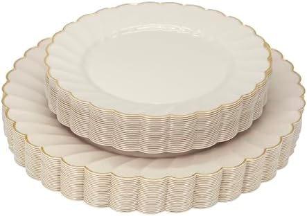 Platos Desechables Sobel & Gala PREMIUM de 40 Piezas en Marfil con Borde Dorado - 20 para Cena y 20 para Postre - Elegantes Suministros para Bodas y - imagen 1