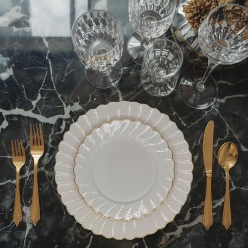 Platos Desechables Sobel & Gala PREMIUM de 40 Piezas en Marfil con Borde Dorado - 20 para Cena y 20 para Postre - Elegantes Suministros para Bodas y - imagen 3