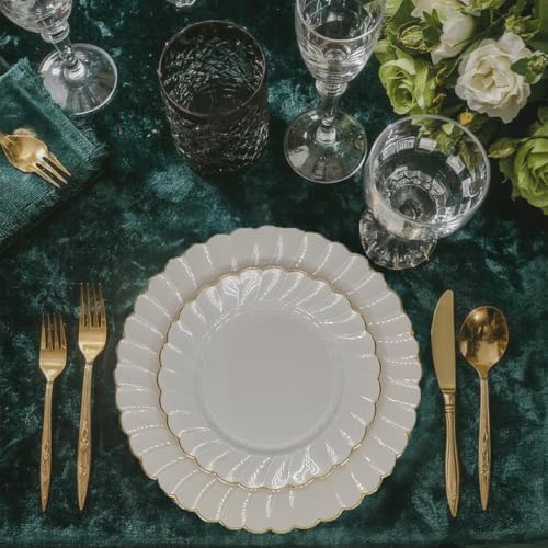 Platos Desechables Sobel & Gala PREMIUM de 40 Piezas en Marfil con Borde Dorado - 20 para Cena y 20 para Postre - Elegantes Suministros para Bodas y - imagen 4