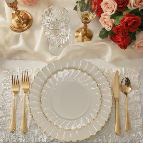 Platos Desechables Sobel & Gala PREMIUM de 40 Piezas en Marfil con Borde Dorado - 20 para Cena y 20 para Postre - Elegantes Suministros para Bodas y - imagen 5