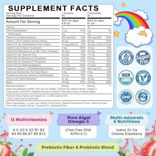 Gomitas Multivitamínicas para Niños con Omega-3 (DHA+EPA), B12 Metilada, Folato, B6, B2, Saúco, Vitaminas D3, C, A, E, Zinc, Postbióticos, Colina | - imagen 2