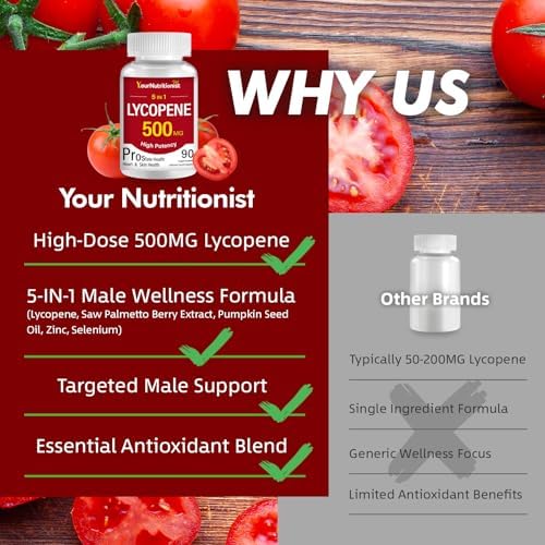 Suplemento para Hombres Your Nutritionist Lycopene 500MG 5 en 1 | Apoya la Salud del Corazón y la Piel | Con Extracto de Palma Enana, Aceite de - imagen 7