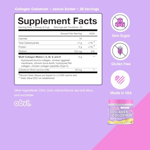 Colágeno Hidrolizado de Bovino Obvi en Polvo de Proteína Superfood Sabor Sorbete de Limón | 30 Porciones - Apoya la Digestión, Inmunidad, Cabello y - imagen 2