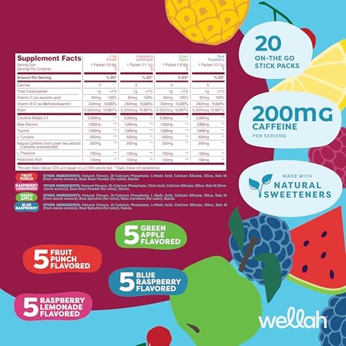 Wellah Get-Going Paquete Variado de Pre-Entreno (20 Stick Packs) - 200mg de Cafeína Natural, Endulzado con Stevia, Citrulina Malato, L-Theanina y - imagen 2