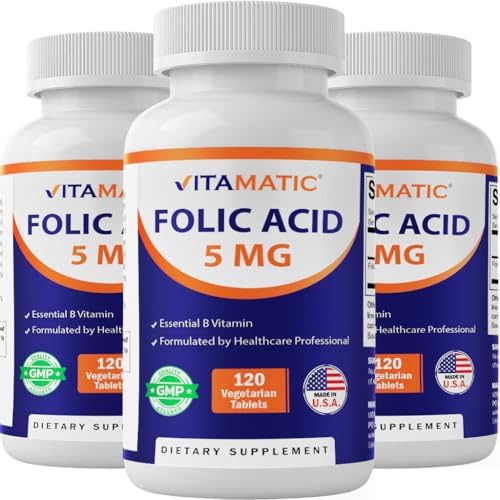 Ácido Fólico Vitamatic 5mg (5000 mcg) – 120 Tabletas Vegetarianas por Botella – Vitamina B9 (Folato) – Paquete de 3 | Total 360 Tabletas - imagen 1